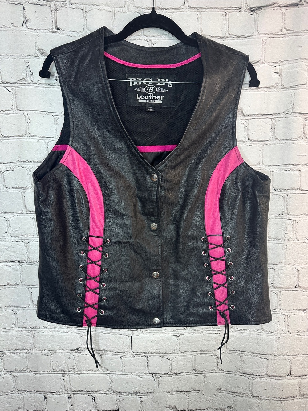 Y2K Black Pink Genuine Leather Biker Vest Lace Up L/XL